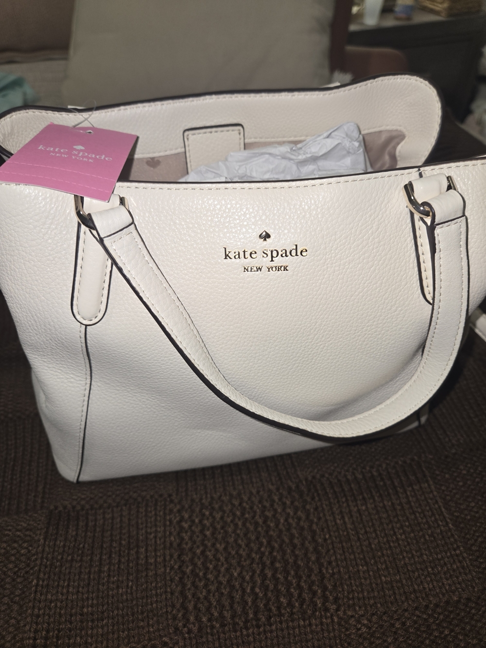 New Kate Spade White Pebbled Leather Tote with Gold Logo Accents